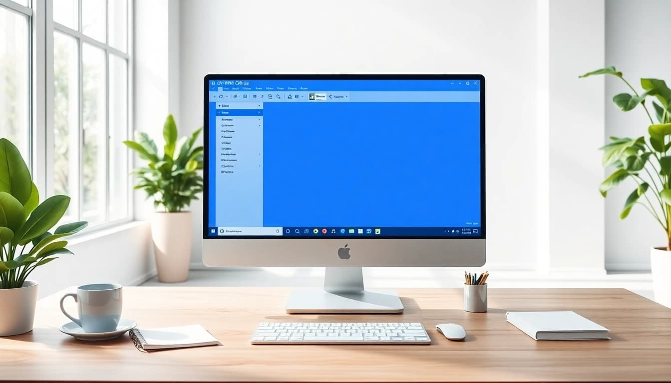 现代办公室中，光滑桌面上展示着 WPS Office 的专业工作区。