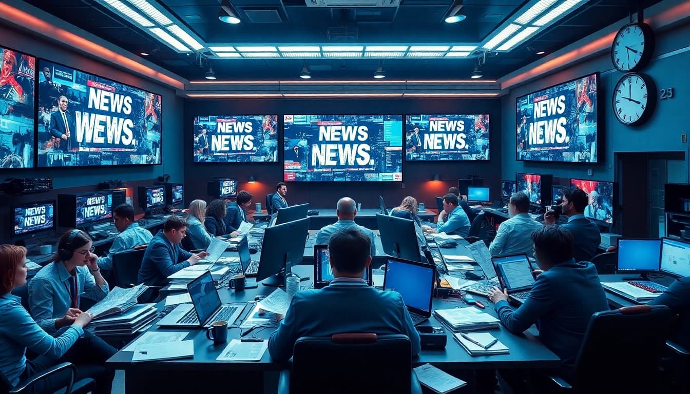 Journalists reporting on breaking news in a bustling newsroom environment.