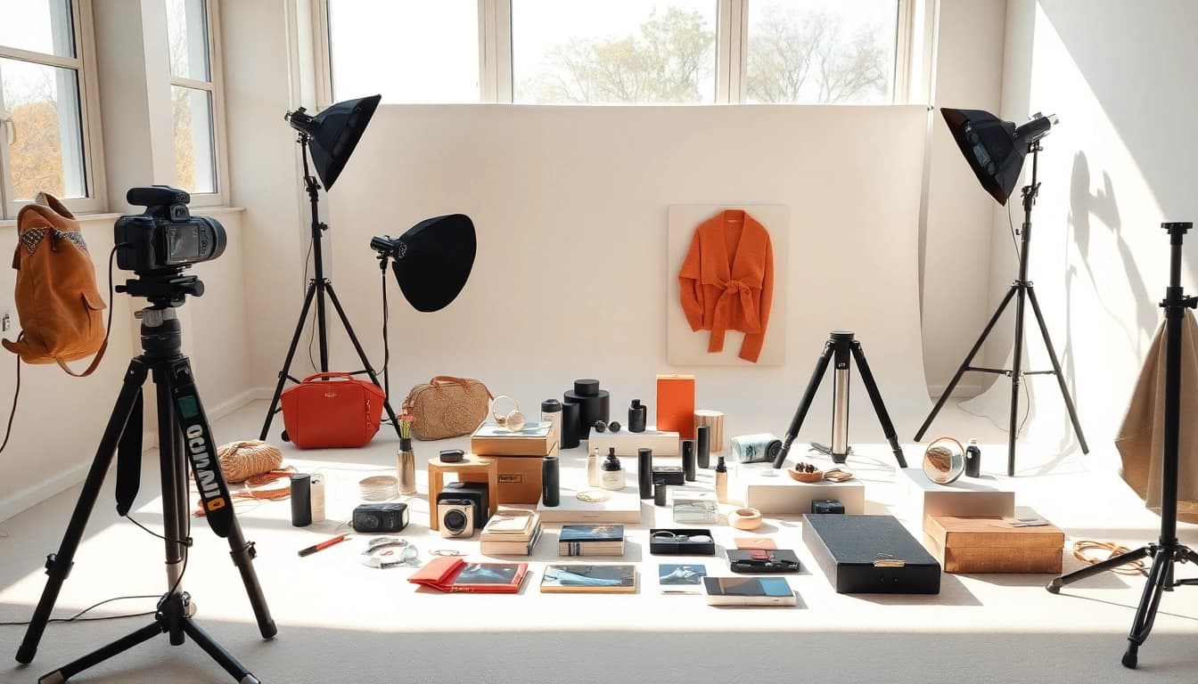 Professional product photography studio in Milan showcasing various products