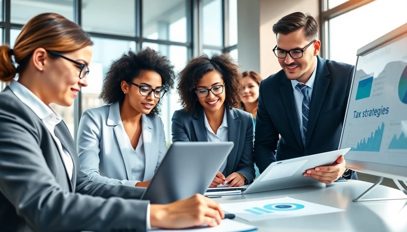 Corporate Tax Services experts collaborating in a modern office environment.