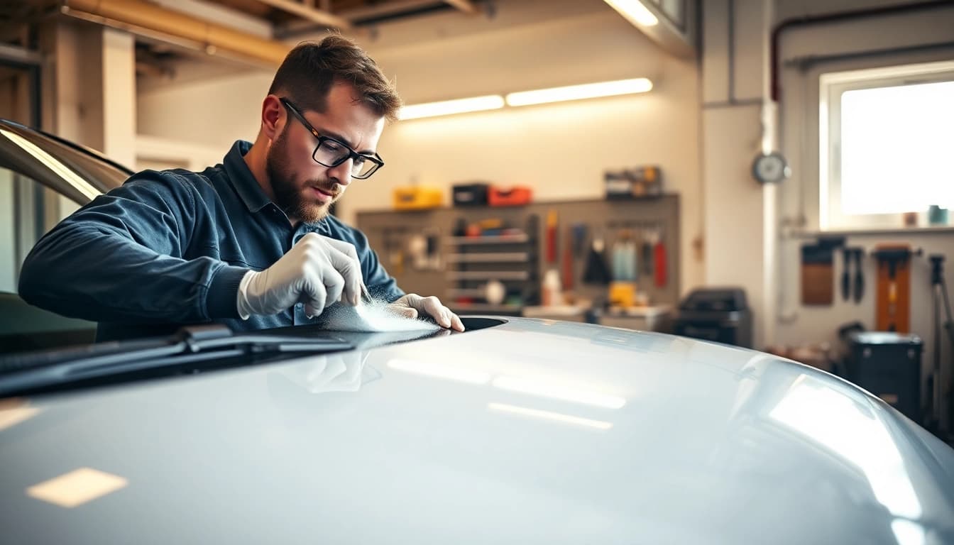 Ceramic coating Chattanooga application showcased by a skilled technician in a bright garage.