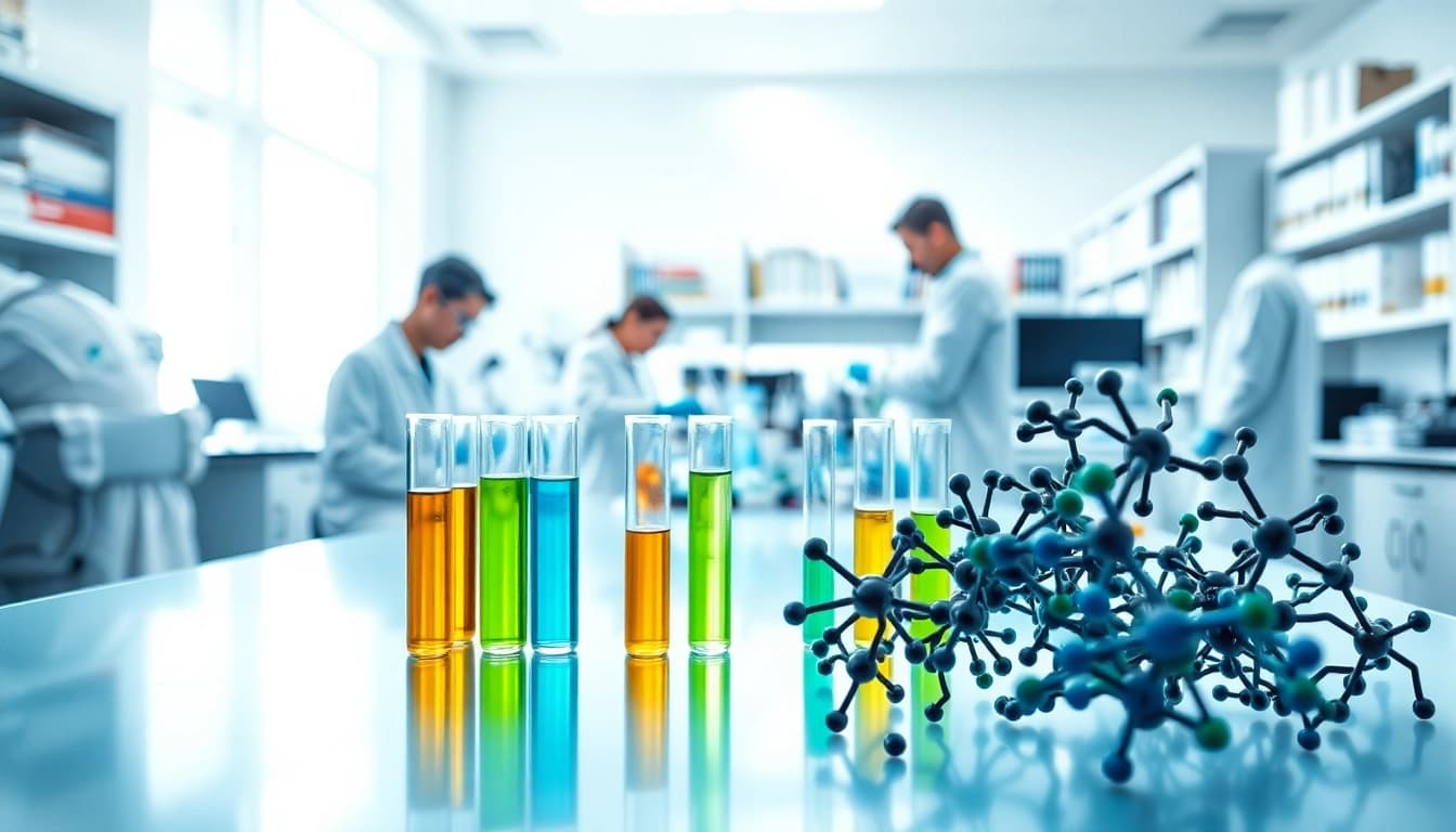 Researching Peptides UK in a modern laboratory with vibrant colors and professional setup.