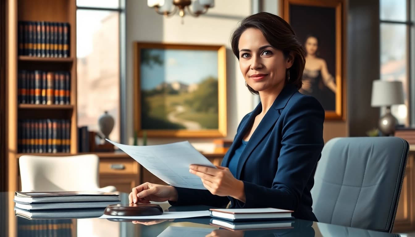 Expert intellectual property lawyer confidently reviews a legal document in a sophisticated office.