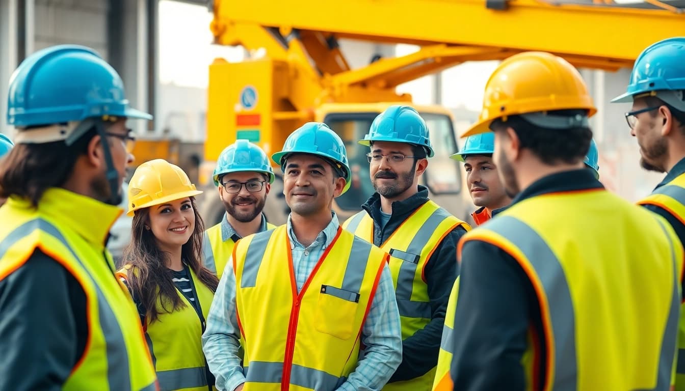 Implementing construction safety programs with workers engaged in training and safety protocols.