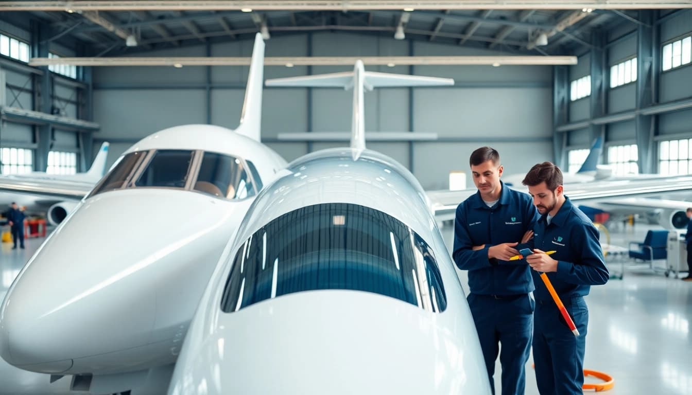 Technicians maintaining aircraft at Pray Aviation Milton FL, showcasing teamwork in a bright hangar.