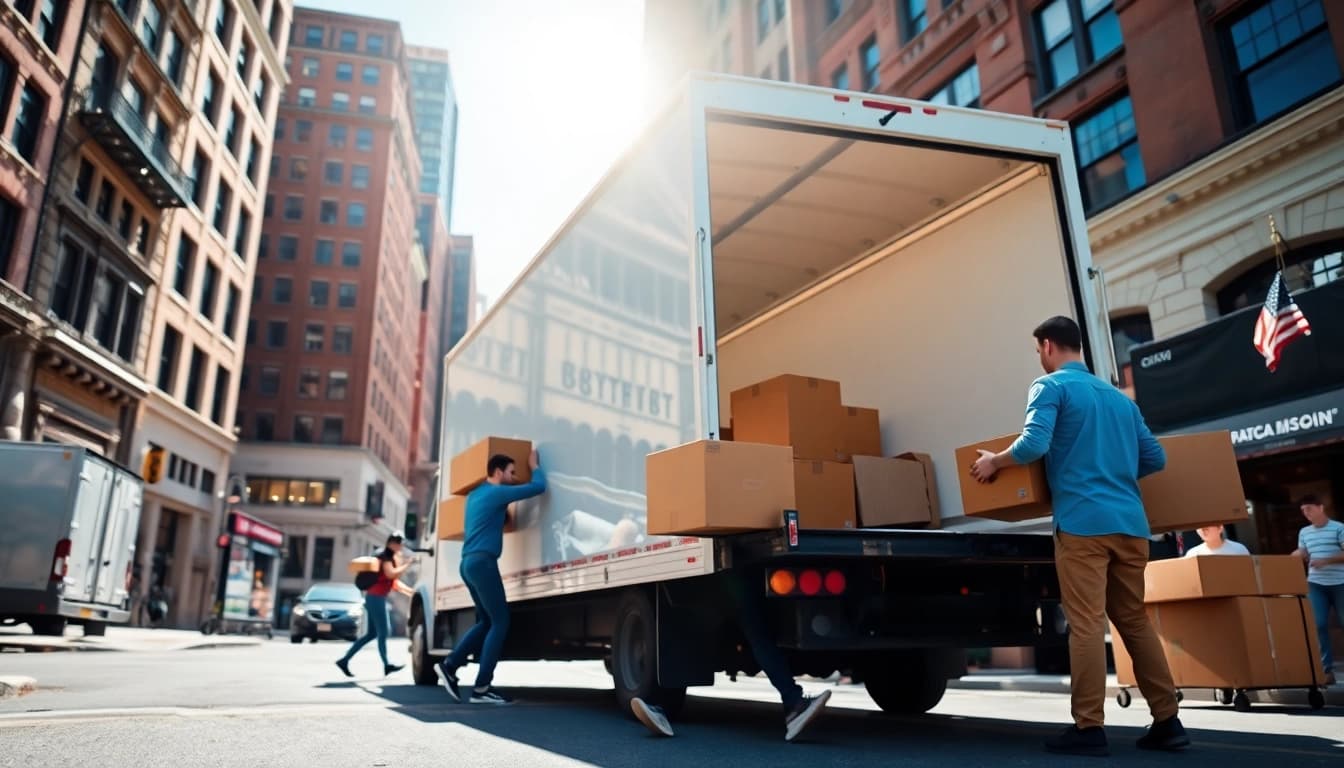 Boston moving company team efficiently loading items into a truck in a vibrant city setting.
