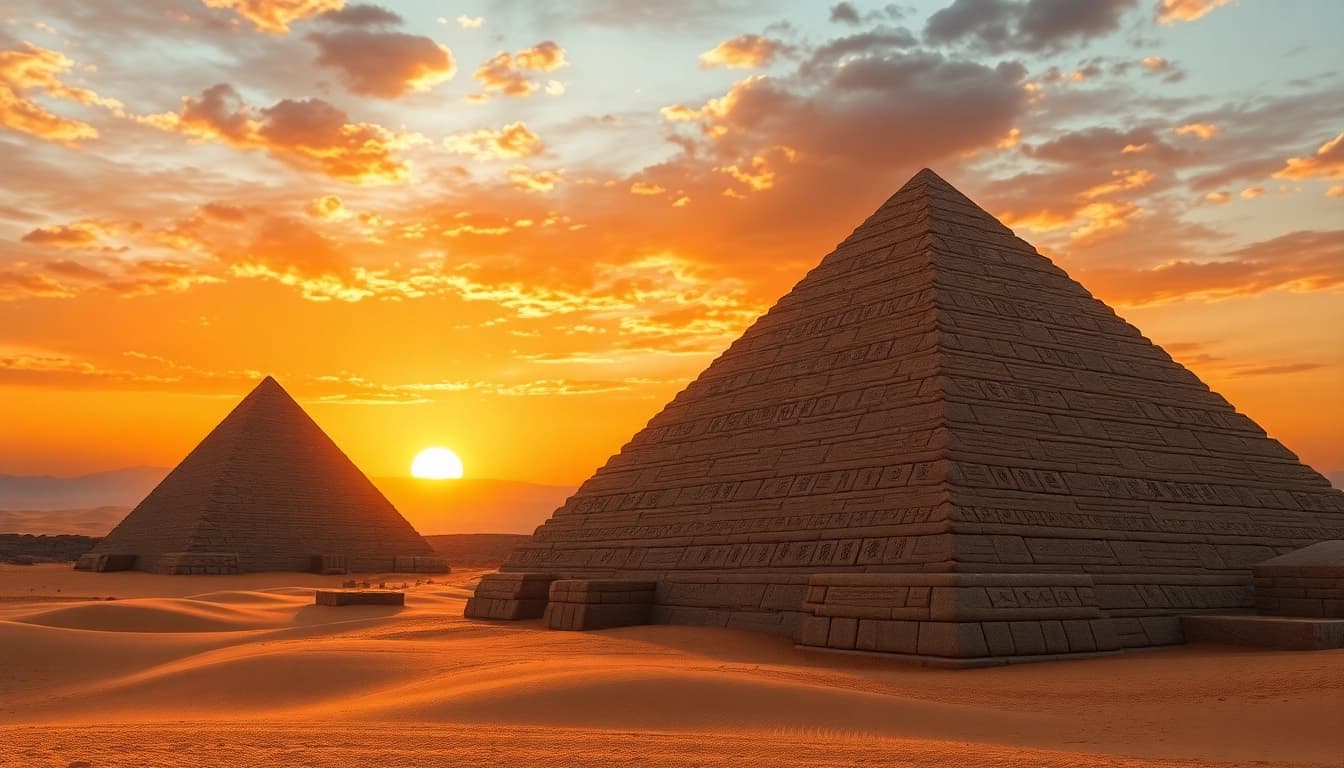 Captivating view of piraminds with intricate stone textures under a sunset sky.