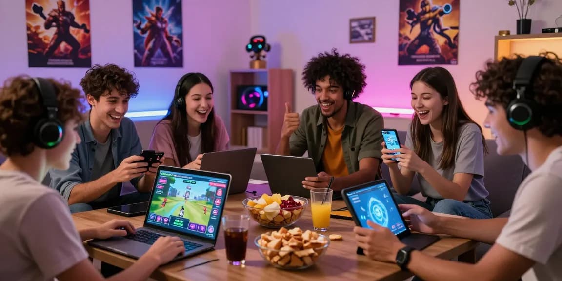 Friends enjoying html porn games on multiple devices in a cozy living room.