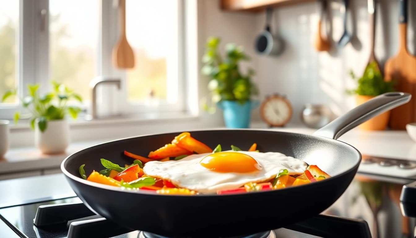 Sizzling vegetables and eggs in a nonstick fry pan NZ showcasing vibrant cooking.