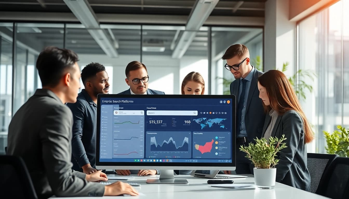 Engaging team collaborating on enterprise search platforms within a modern workspace.