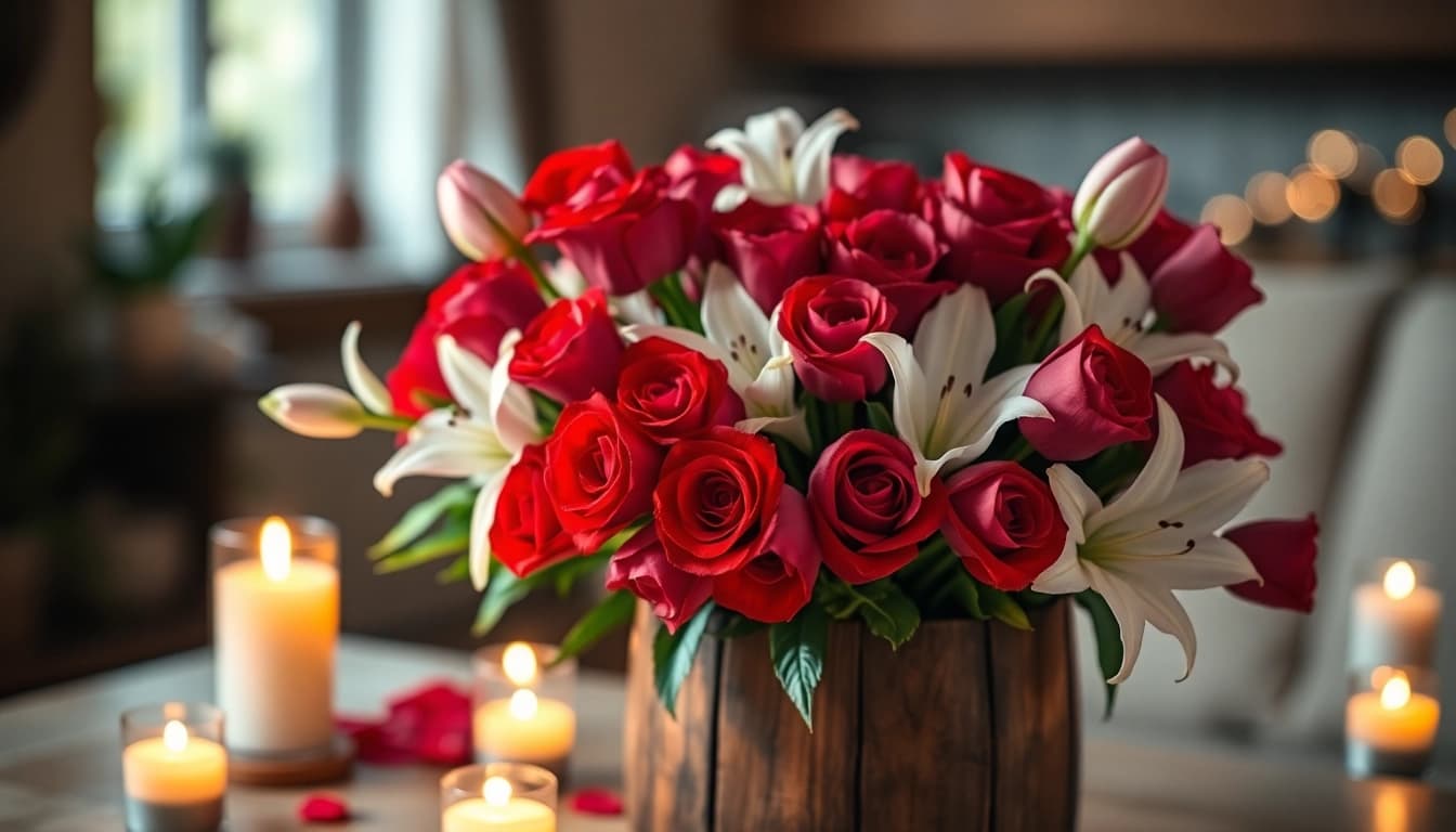 Beautiful valentines flowers arranged in a rustic vase with candlelight for Valentine's Day.