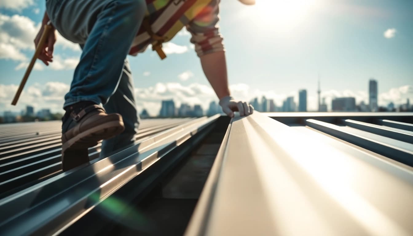 Install metal roofing toronto with a skilled worker applying sleek panels in an urban environment.