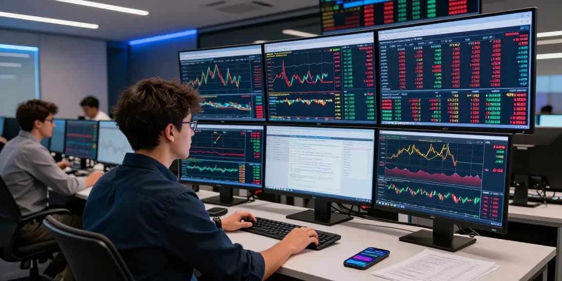 Trader analyzing currency exchange rates live on multiple screens in a modern financial environment.