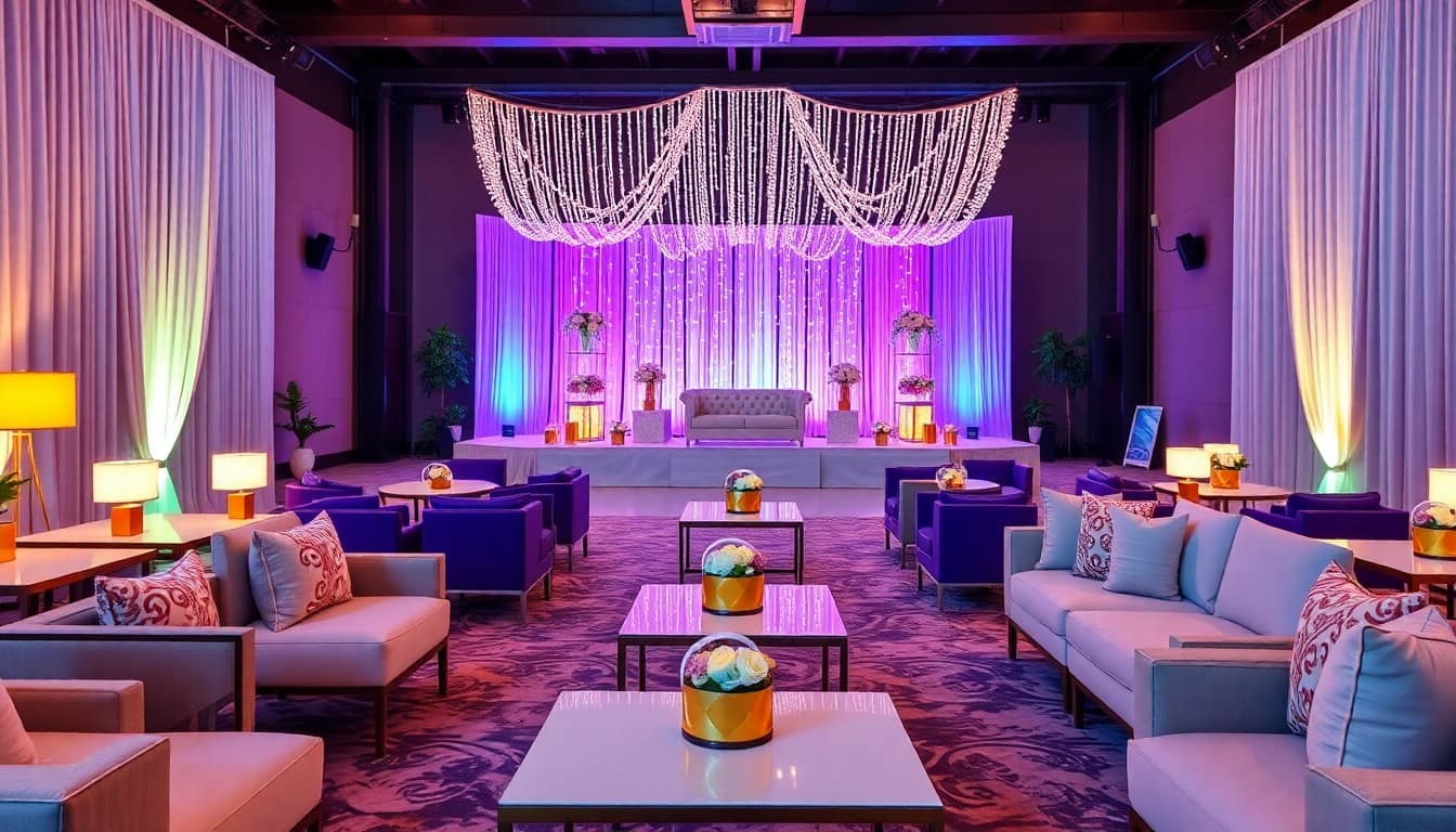 Elegant Event Furniture Rentals displayed in a stylish setting with chic decor and inviting lighting.