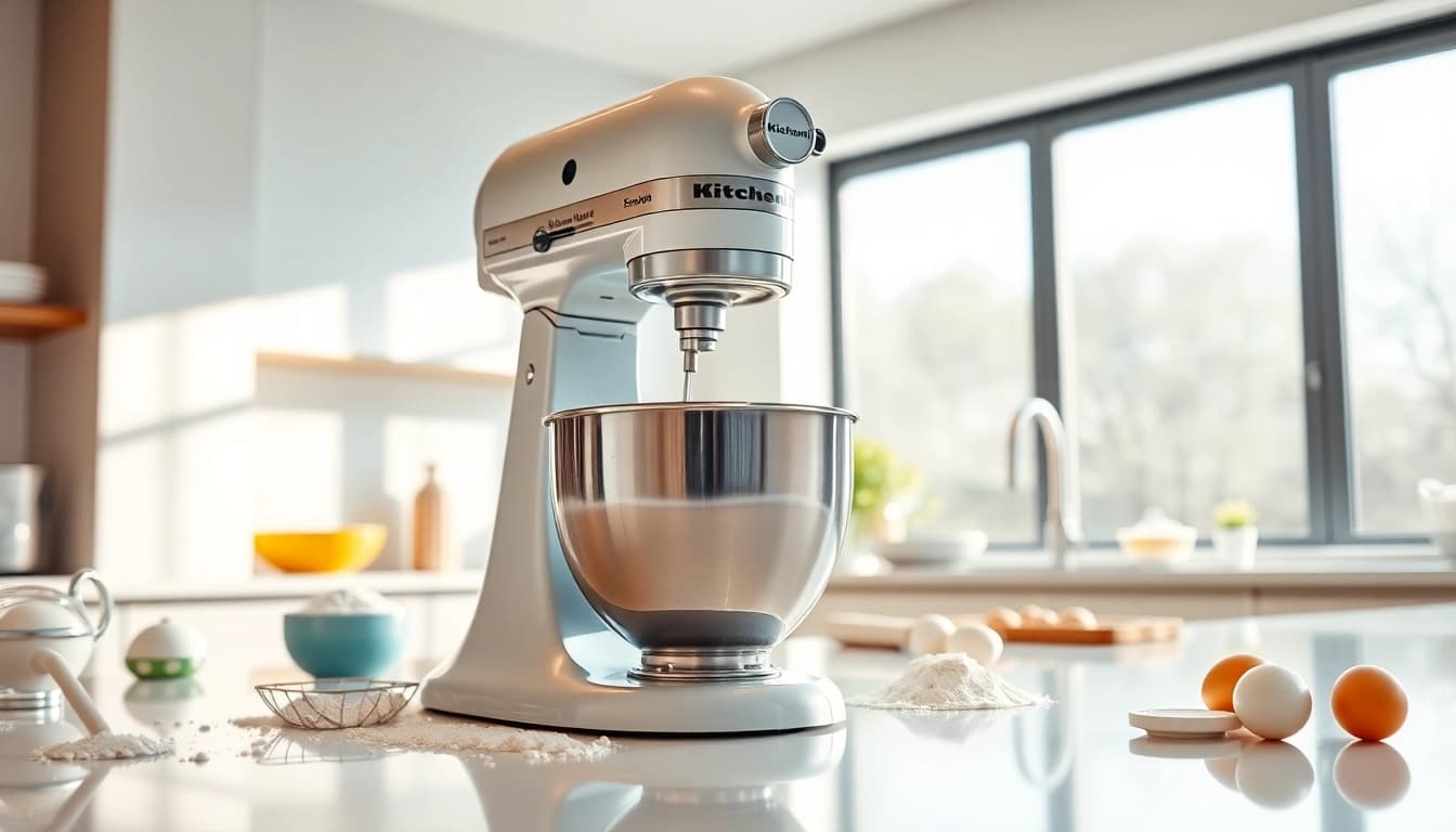 Baking with a KitchenAid mixer NZ on a modern kitchen countertop with ingredients.