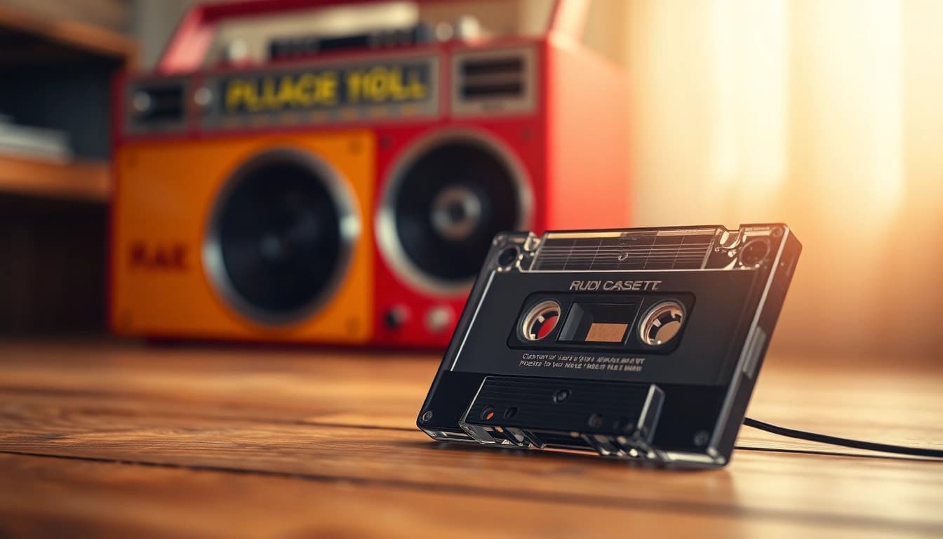 Showcase vintage audio cassette placed on wooden table with a warm light highlighting its features.