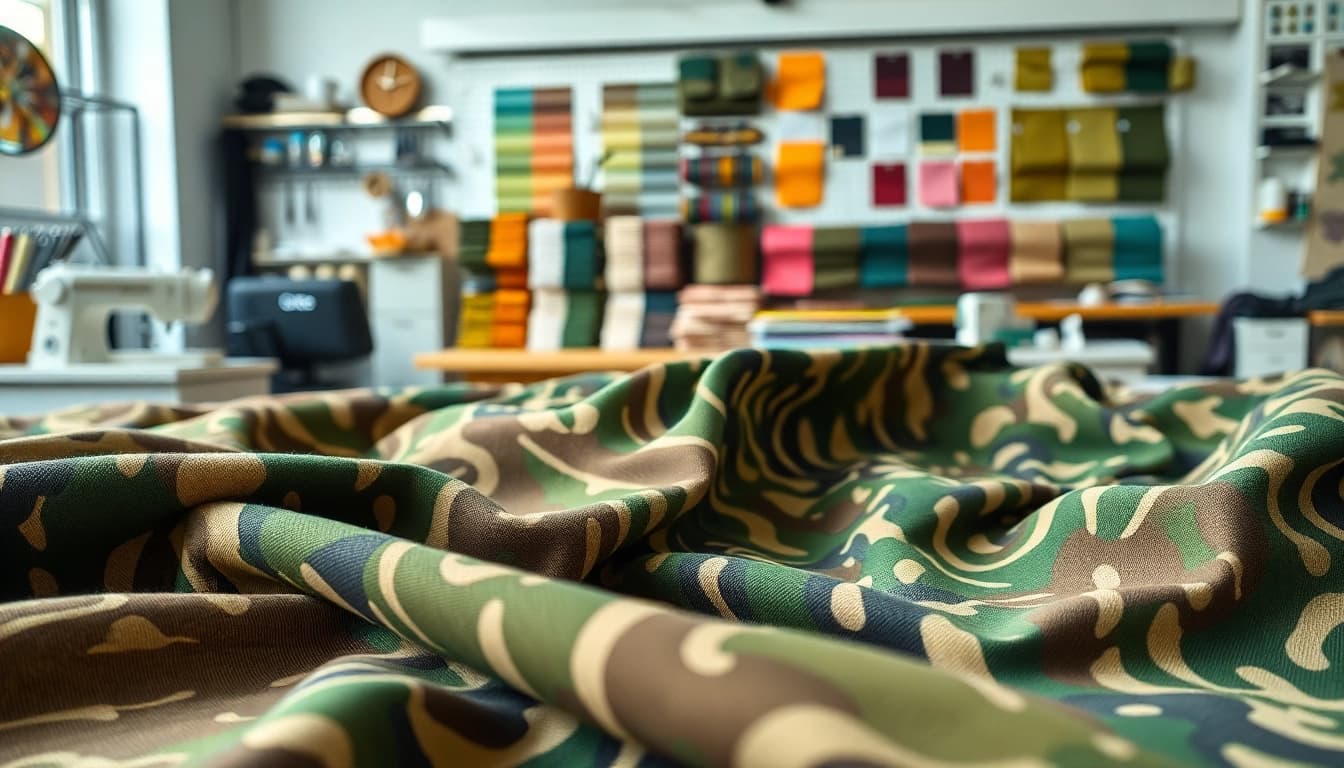 Legerprint stof variëteiten met diverse texturen en kleuren in een creatieve studio.