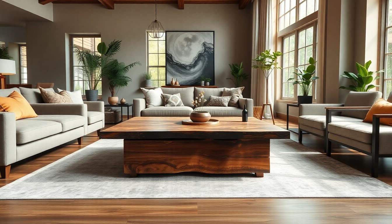 Showcasing custom furniture, a unique handmade coffee table created from reclaimed wood.
