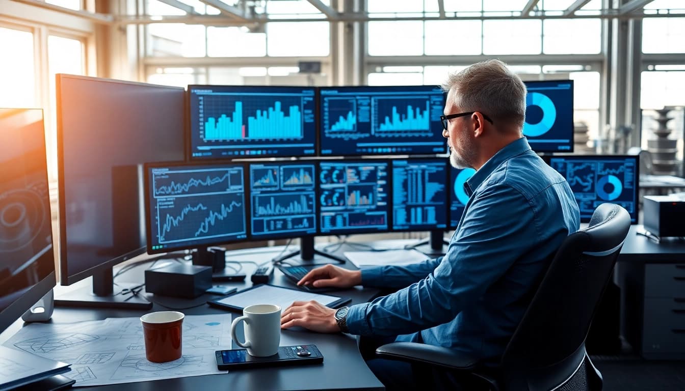 Engineer working on das 142 project at a modern workstation with high-tech displays.