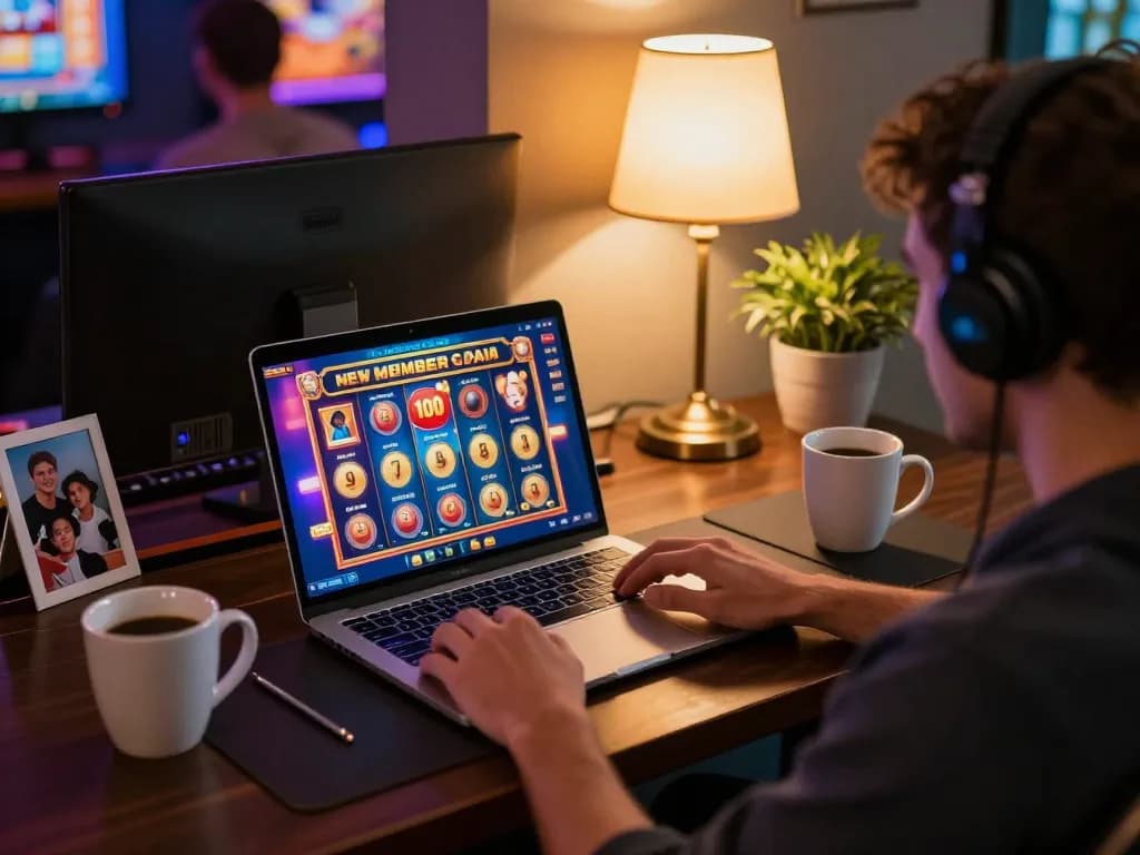 Engaging in online gaming with the slot bonus new member 100 at home, showing excitement and strategy.