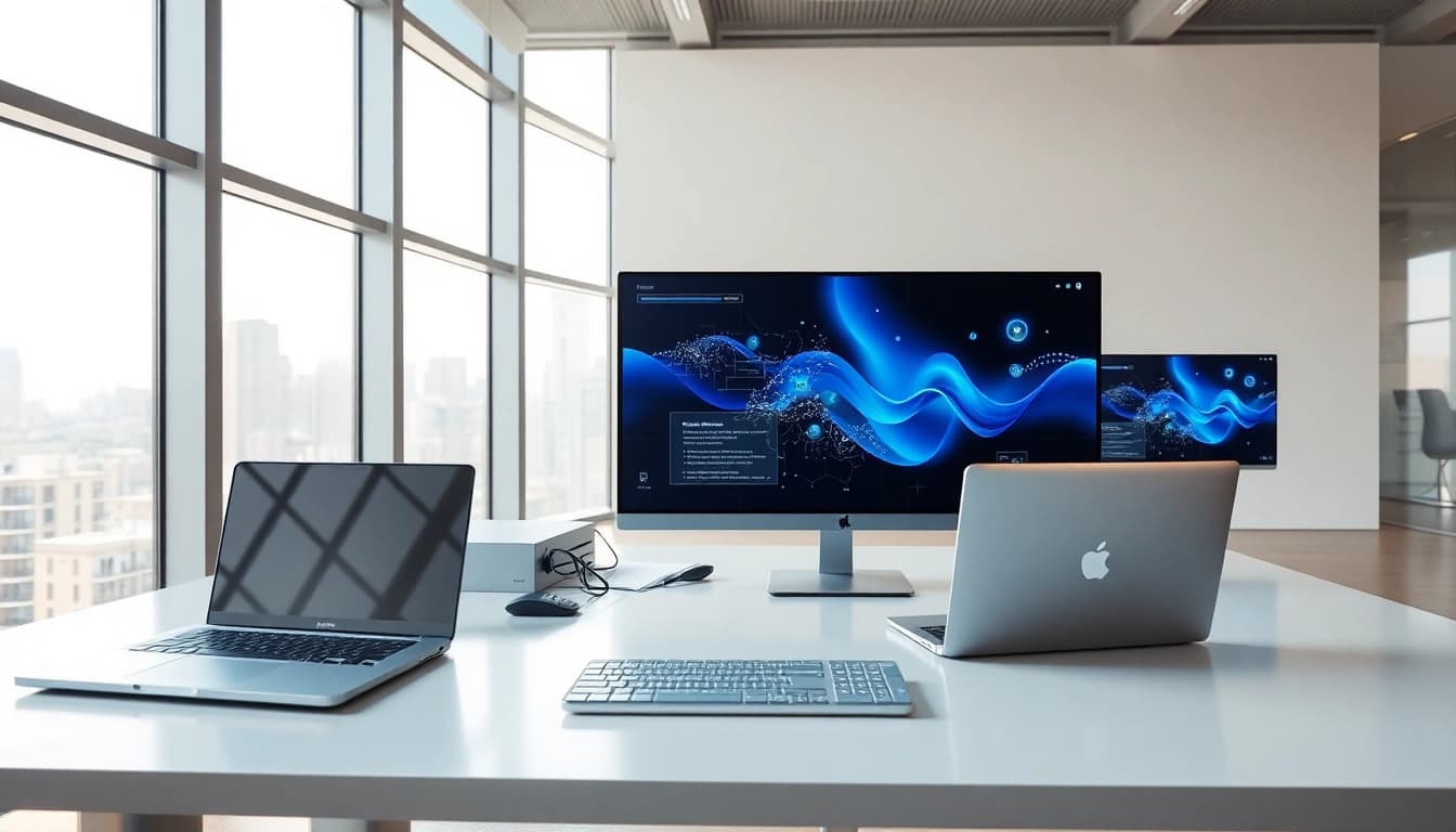 Showcasing Technology in a modern workspace with advanced devices and a city skyline view.