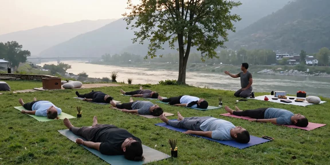 Participants enjoying the best yoga retreat in Rishikesh with a scenic mountain backdrop and serene atmosphere.