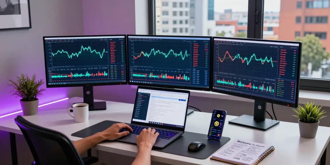 Engaging view of a profitable cloud mining platform analysis in a modern cryptocurrency trading workspace, showcasing Bitcoin charts and DeFi strategies.