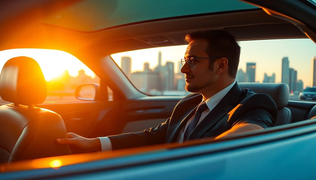 Chauffeur Services near me in a luxury sedan driven by a professional in an elegant city setting.
