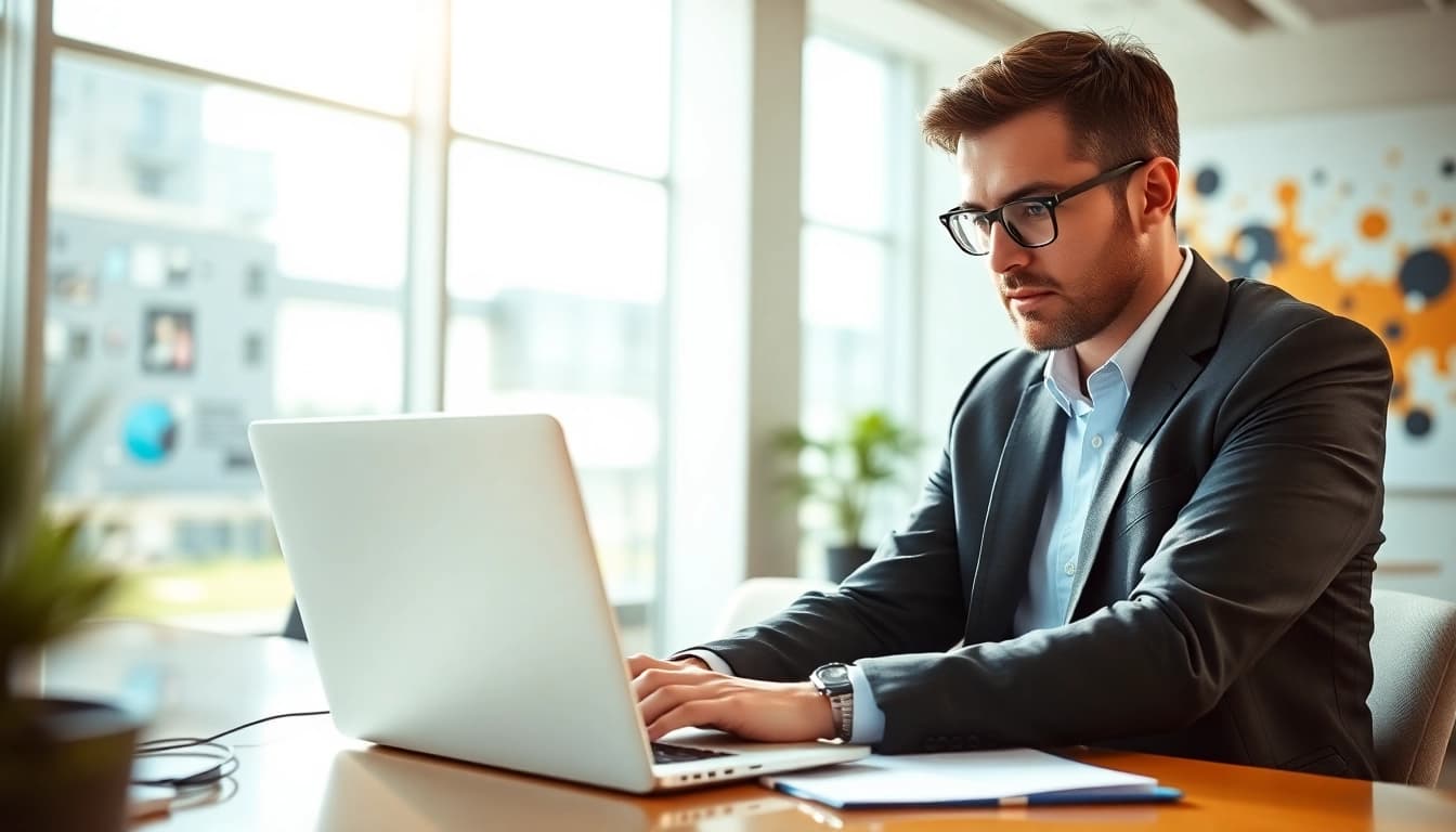 Using a linkedin search results scraping tool in a modern office environment.