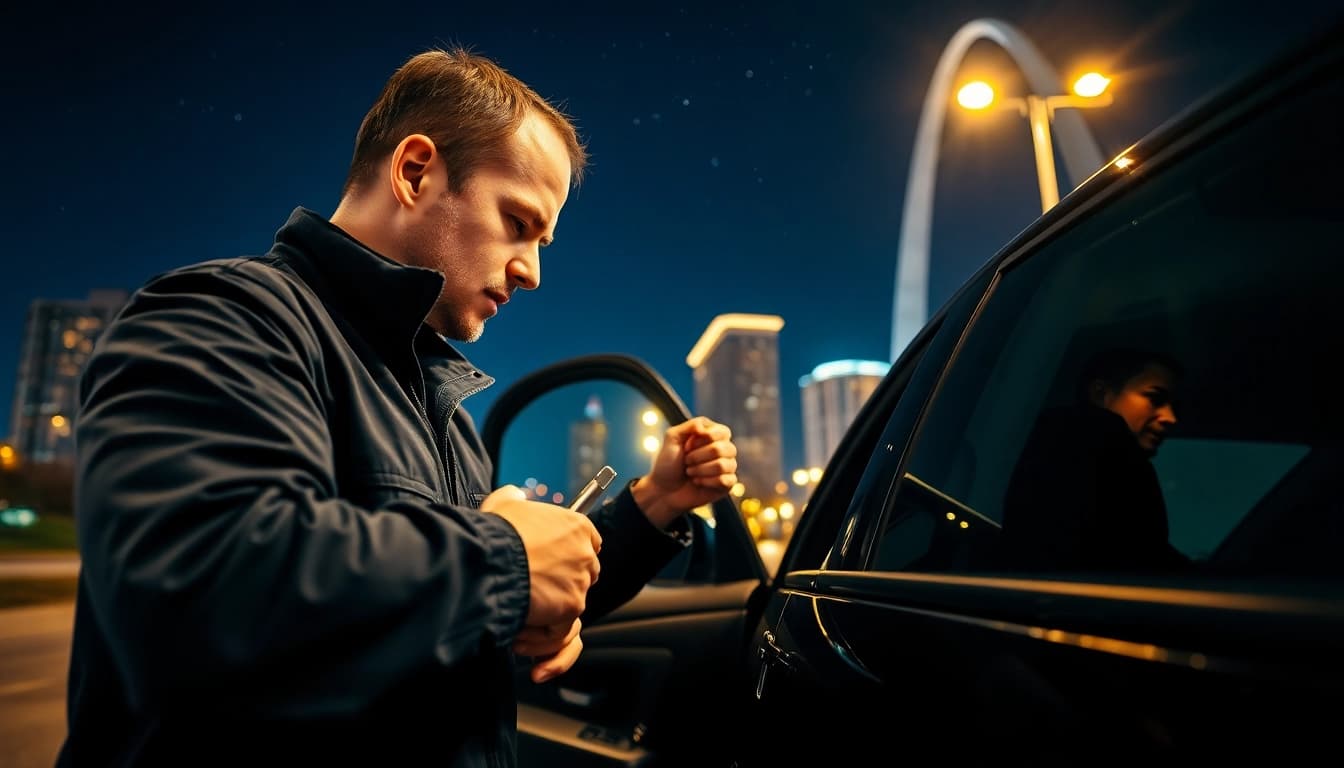 Emergency locksmiths in St. Louis, MO assisting a customer at night with advanced tools.
