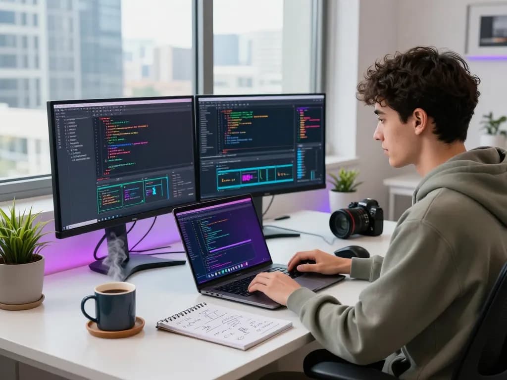 Young developer immersed in coding at a modern workspace, embodying the spirit of Whynotvibe.