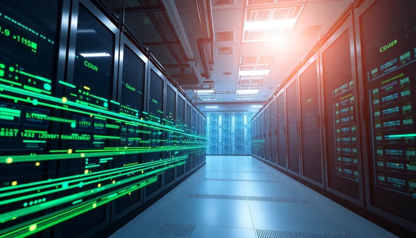 Visual representation of CDN with DDoS Protection highlighting a robust data center shielded against cyber threats.