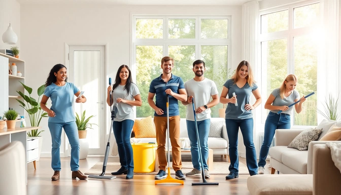 Cleaning Service team thoroughly sanitizing a bright, modern home environment.