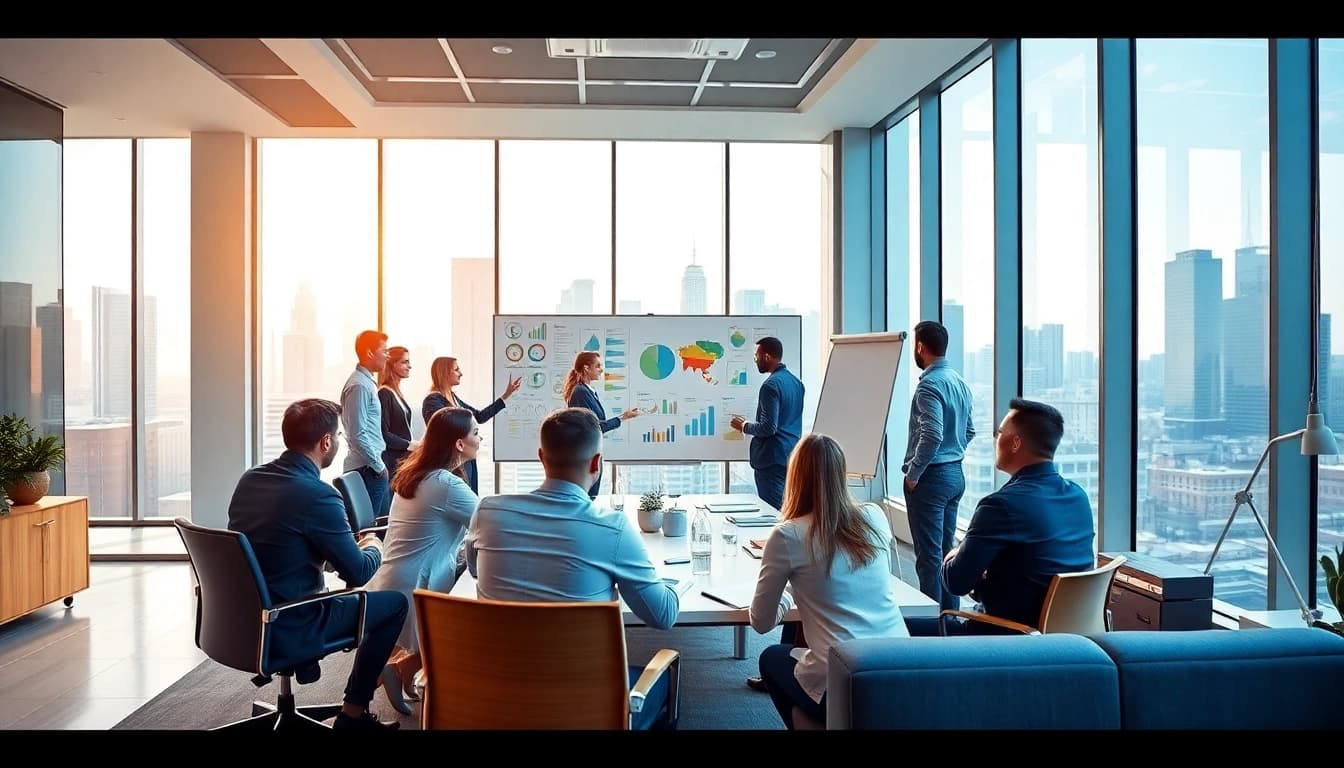 Collaborative professional team meeting at https://www.maeden.com/en, brainstorming ideas in a modern city office.
