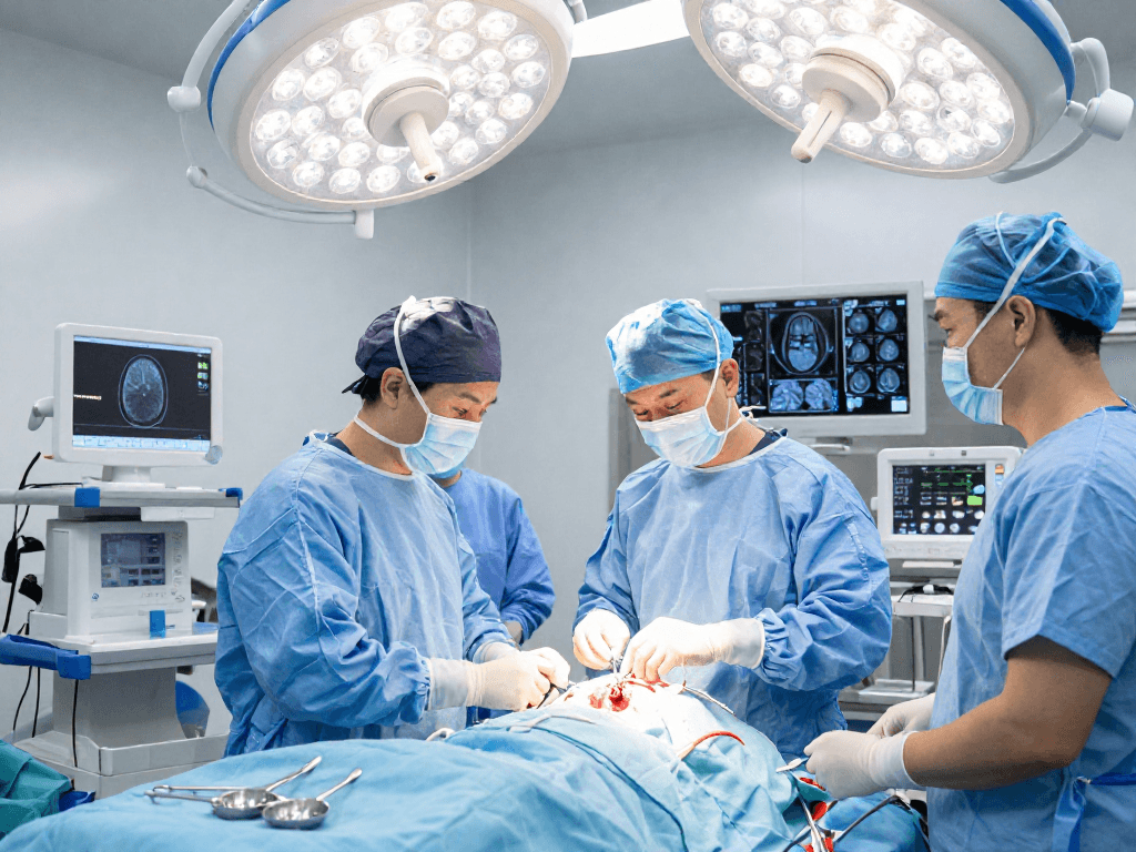 Beyin tümörü ameliyatı in an operating room showing skilled neurosurgeons performing a craniotomy.