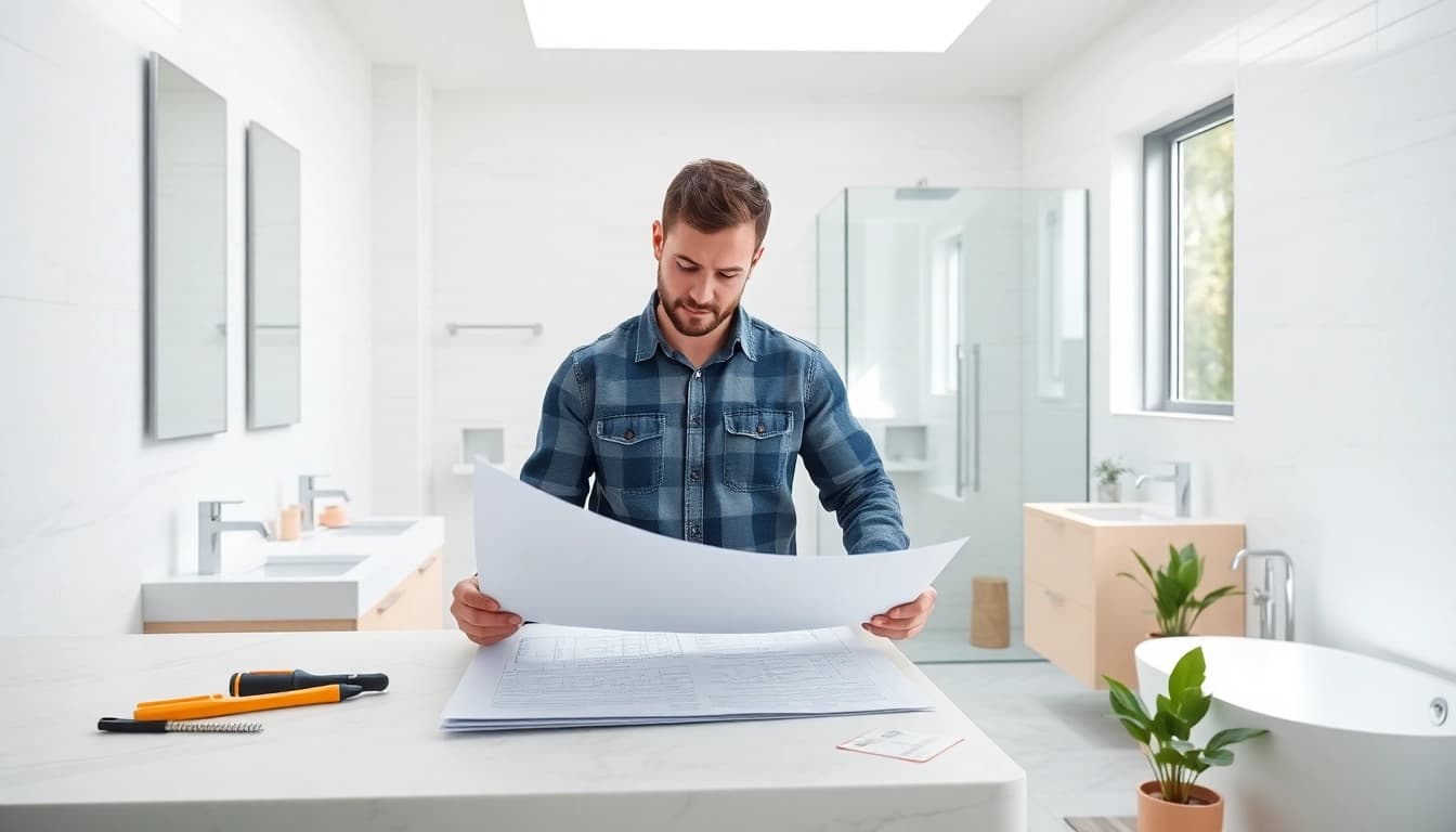 Bathroom contractors near me discussing renovation plans in a beautifully designed bathroom.