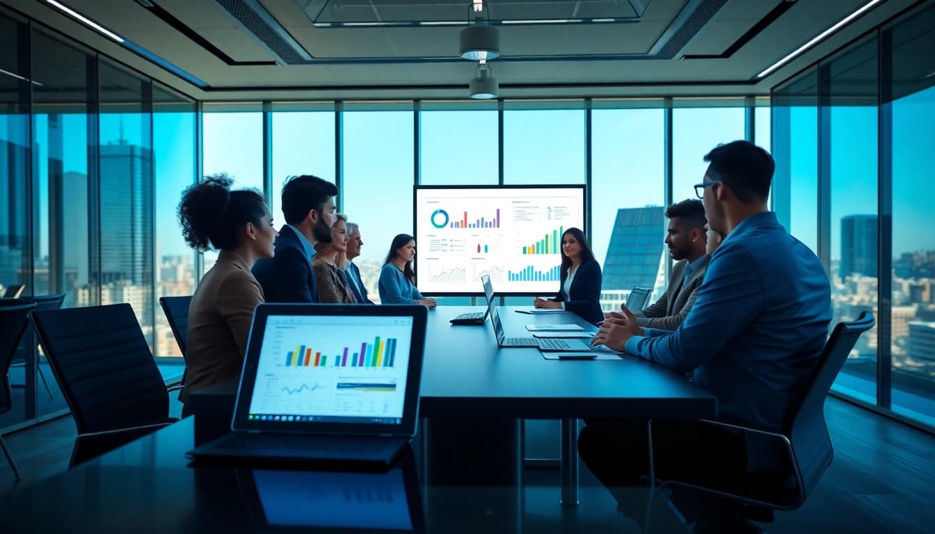 Engaged team analyzing Strategy Capture Management with visuals in a modern office setting.