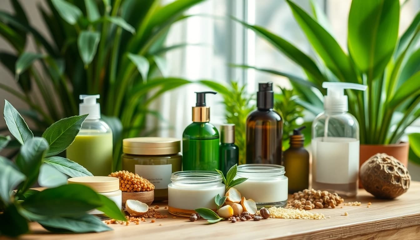 Naturali kosmetika - natūralių ingredientų grožio priemonės, rodomos ant medinio stalo