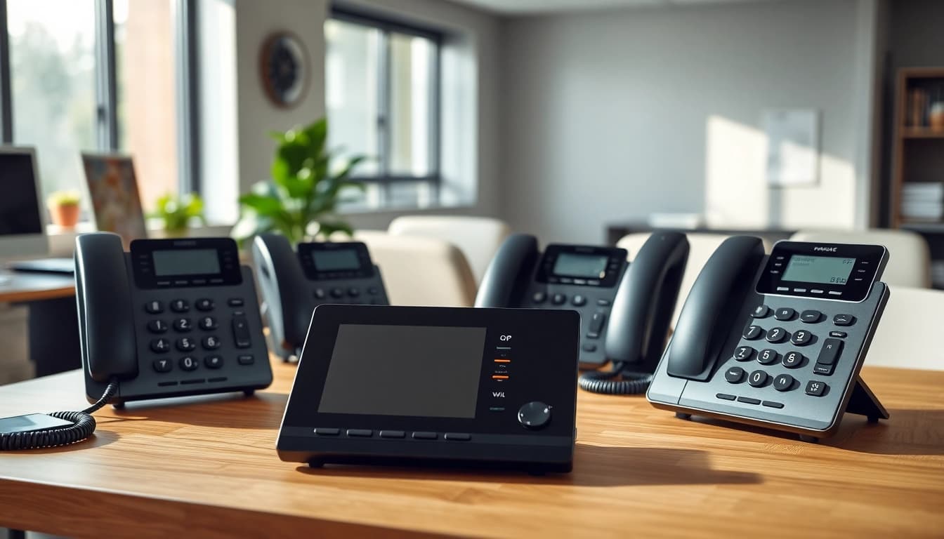 Showcasing innovative business phone systems arranged on a modern office desk.