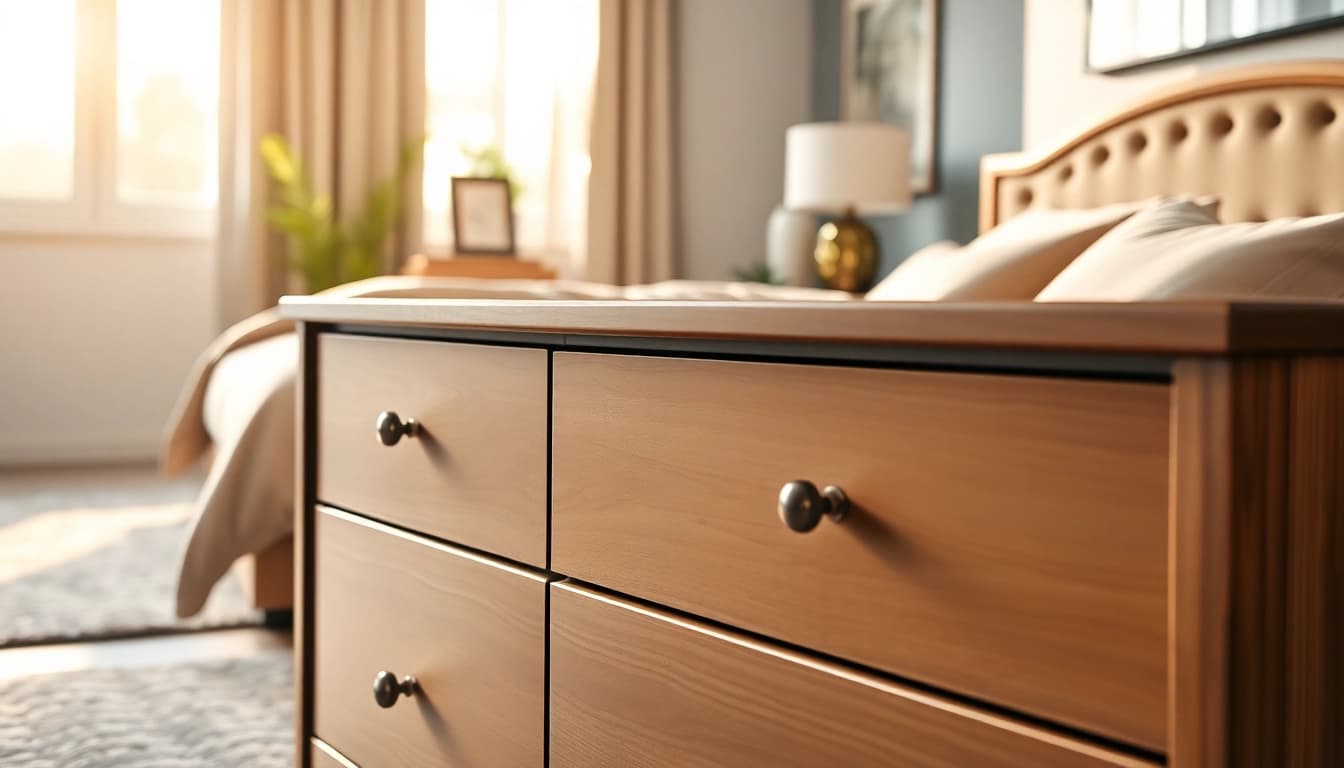 Showcase chest of drawers in a welcoming bedroom, showcasing elegant design and natural materials.