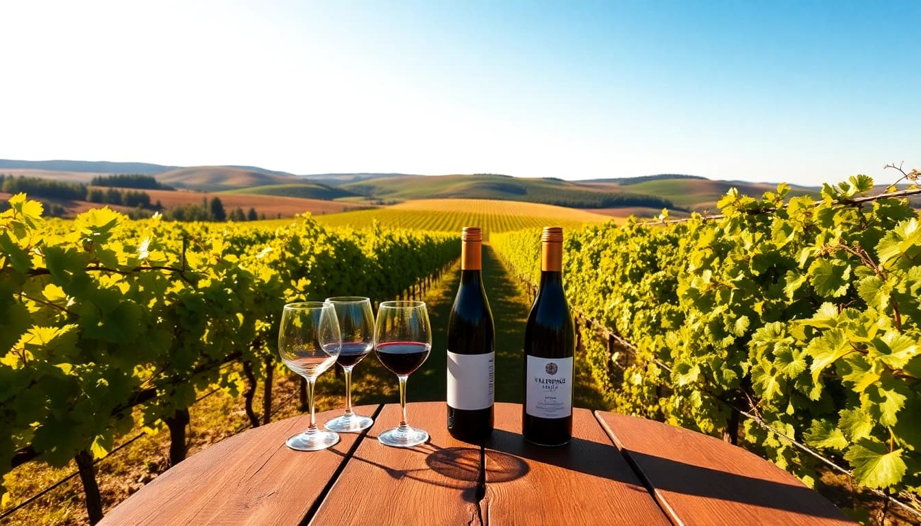 Savoring wine at clarksburg wineries with scenic vineyard backdrop and rustic table.