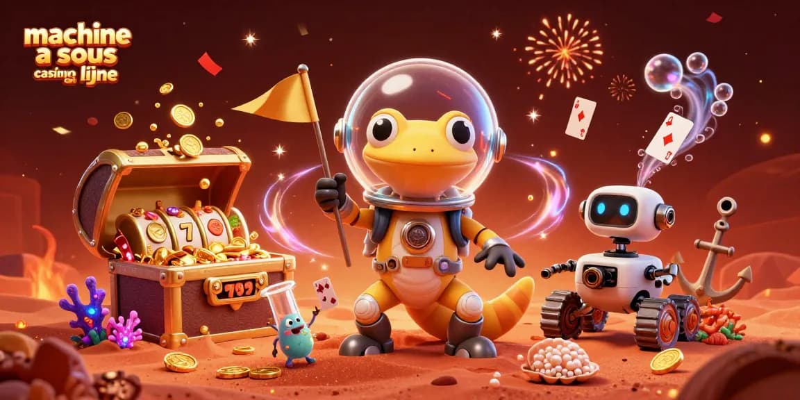 Jouez aux machines à sous casino en ligne avec le gécko martien dans une scène colorée et festive.