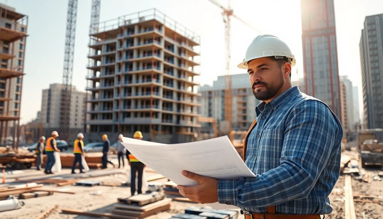 Manhattan General Contractor supervising a bustling construction site with plans in hand.