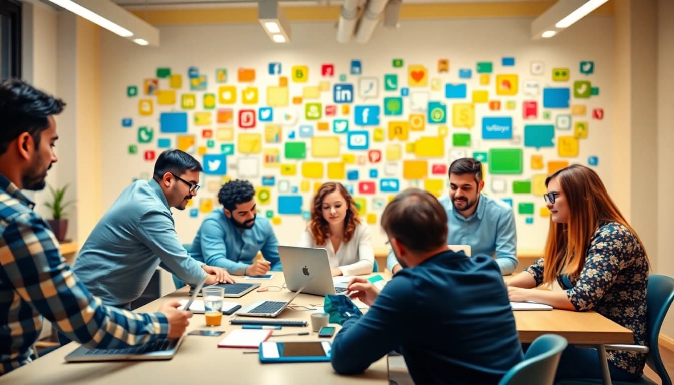 Engaged team brainstorming at a creative social media agency workspace with vibrant icons.
