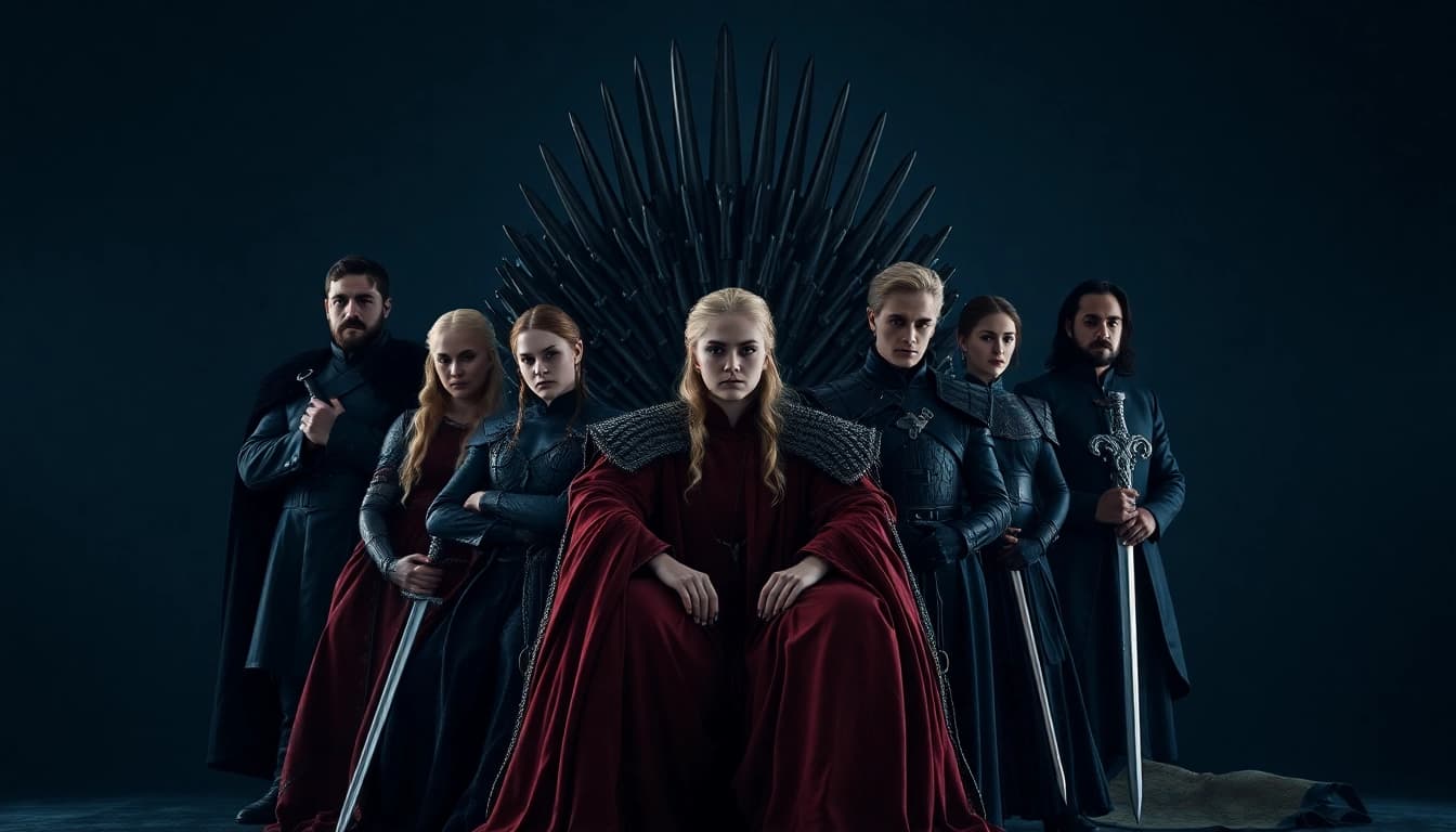 Showcasing the iconic game of thrones cast in a dramatic Westeros backdrop
