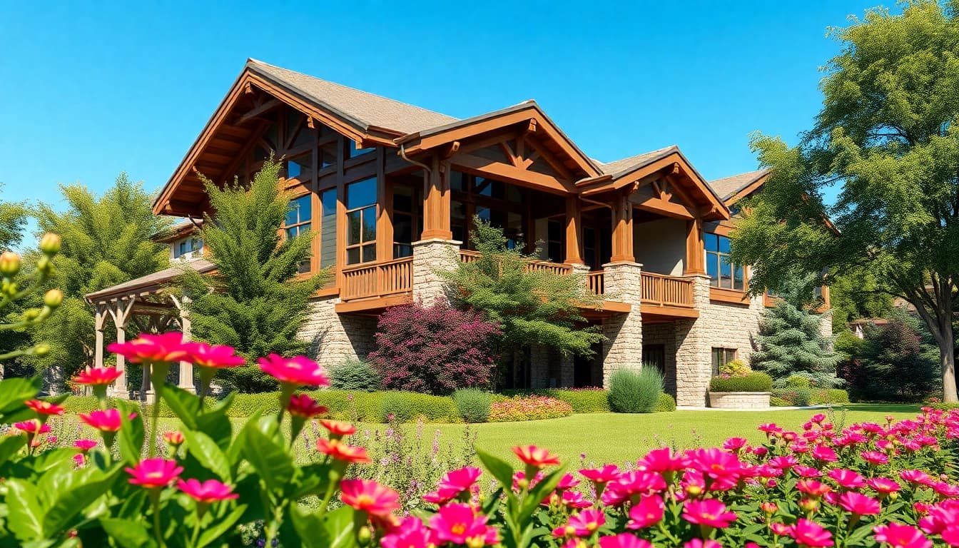 3D Visualisierung erstellen einer Architektur mit lebendigen Garten-Details.