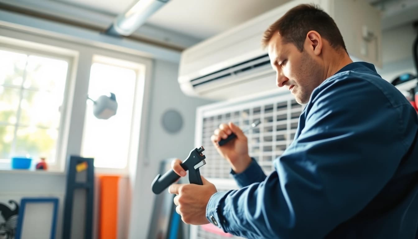 Providing ac repair mesa az services with a skilled technician fixing an air conditioning unit.
