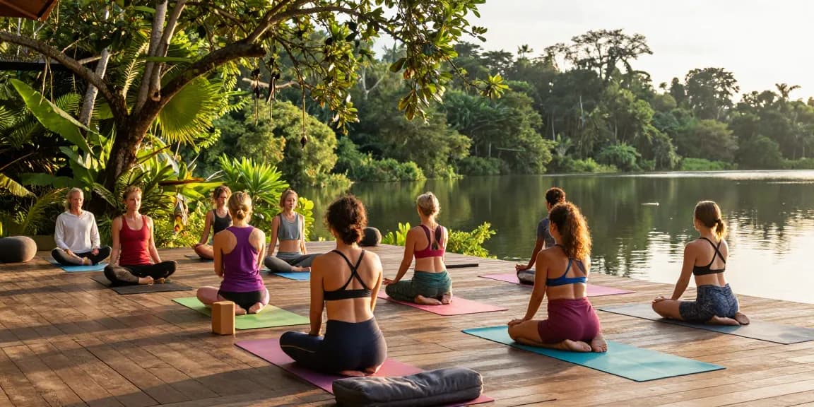 Engaging yoga session at the Simon Borg-Olivier intensive Sri Lanka on Koggala Lake with diverse participants and serene nature.