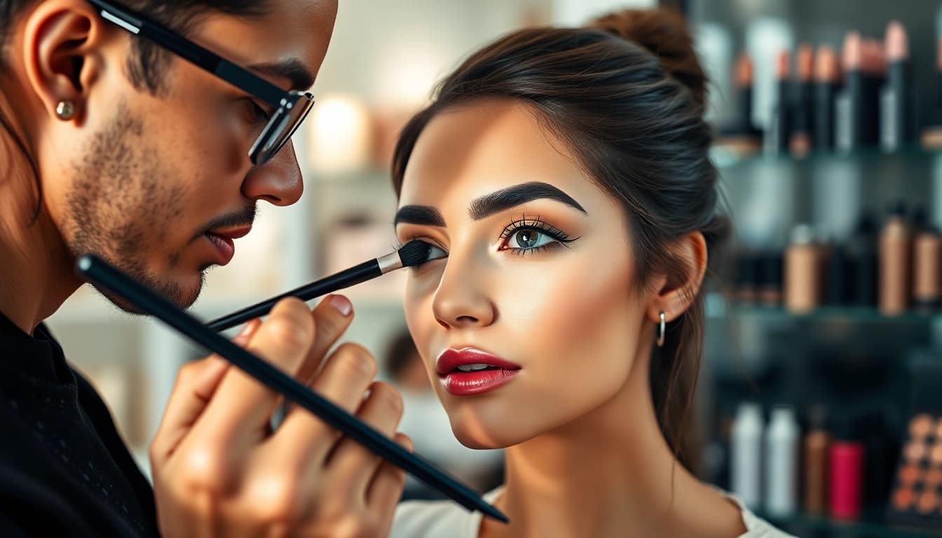 Enhancing brows with an eyebrow pen in a professional makeup application.