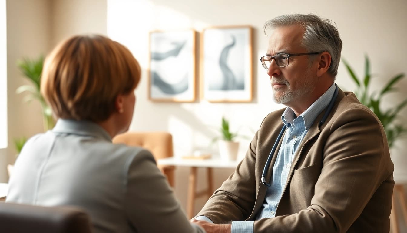 Experienced German psychiatrist India facilitating a warm consultation in a tranquil office setting.